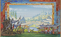 Mstislav Doboujinsky. Theatrical scenery sketch for Musorskys opera "The Fair at Sorochyntsi". 1942